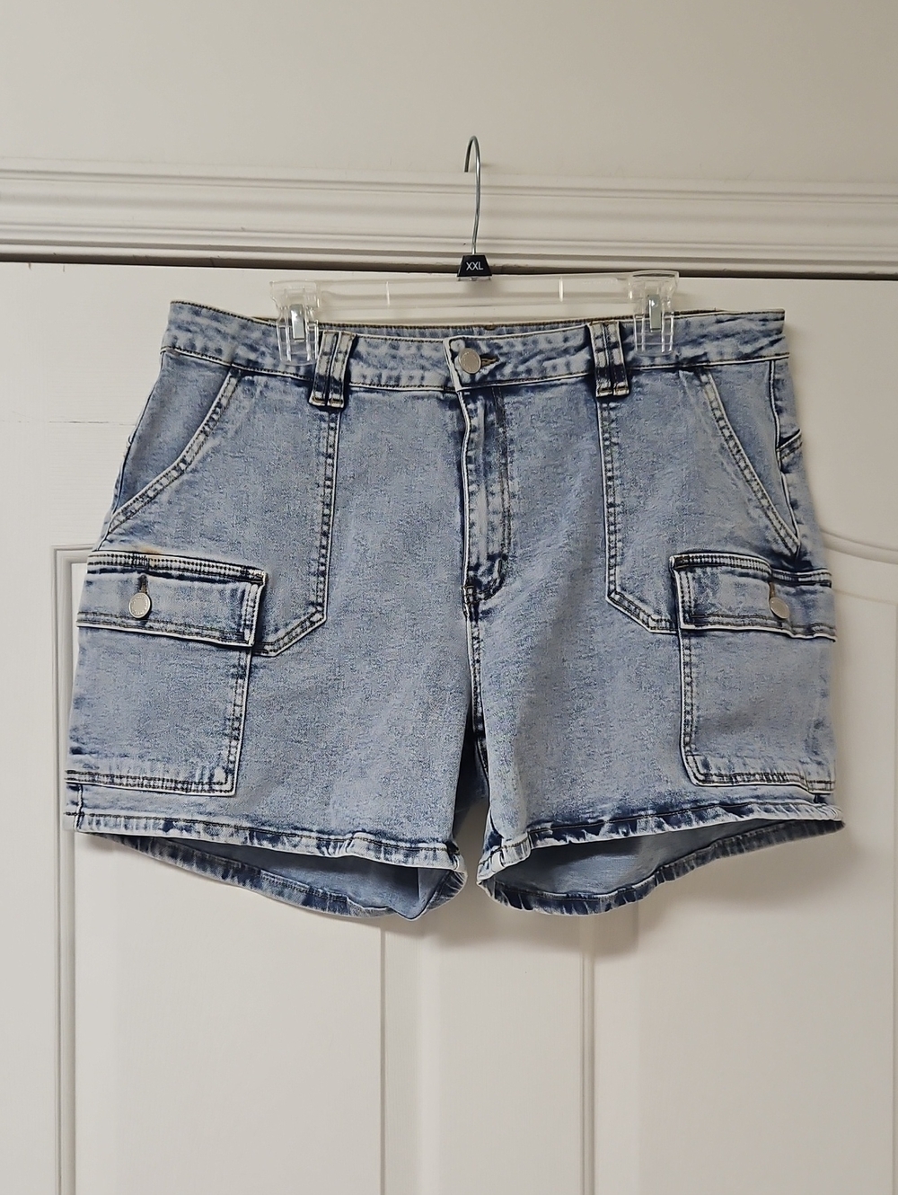 Curvalicious Stretch Light Wash Denim Cargo Shorts - Plus Size